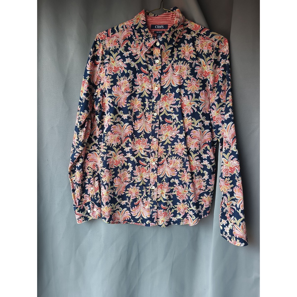 Chaps Womens Navy Blue Red Paisley Floral No Iron Button Down Shirt Size M